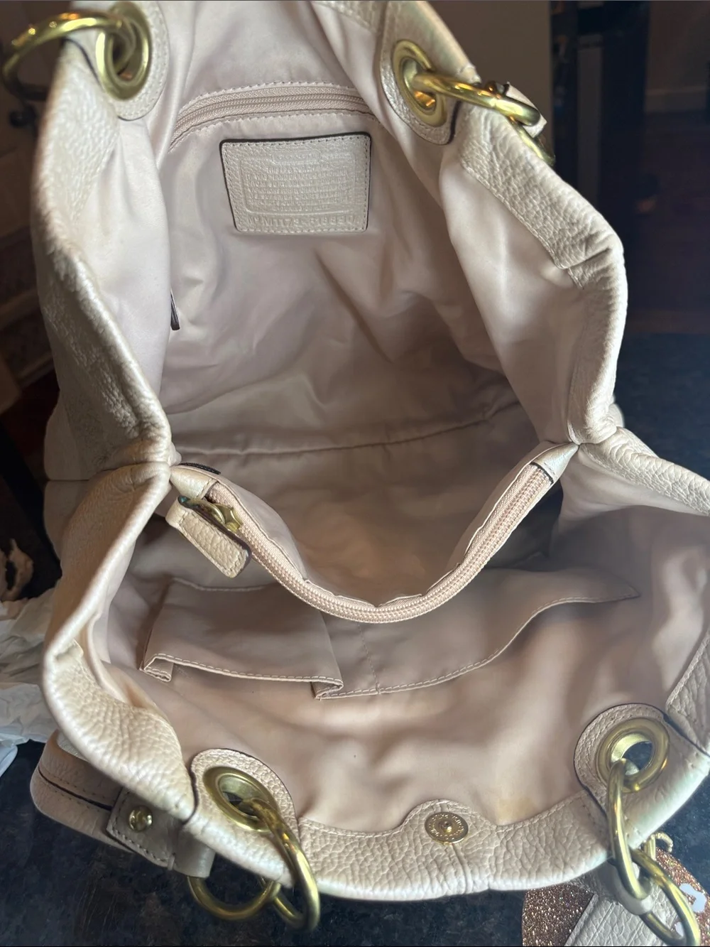 Coach Penelope Champagne Metallic Leather Shoulder Tote with Gold Hardware